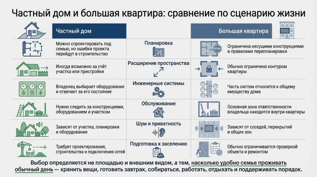 Частный дом и большая квартира: сравнение по сценарию жзни